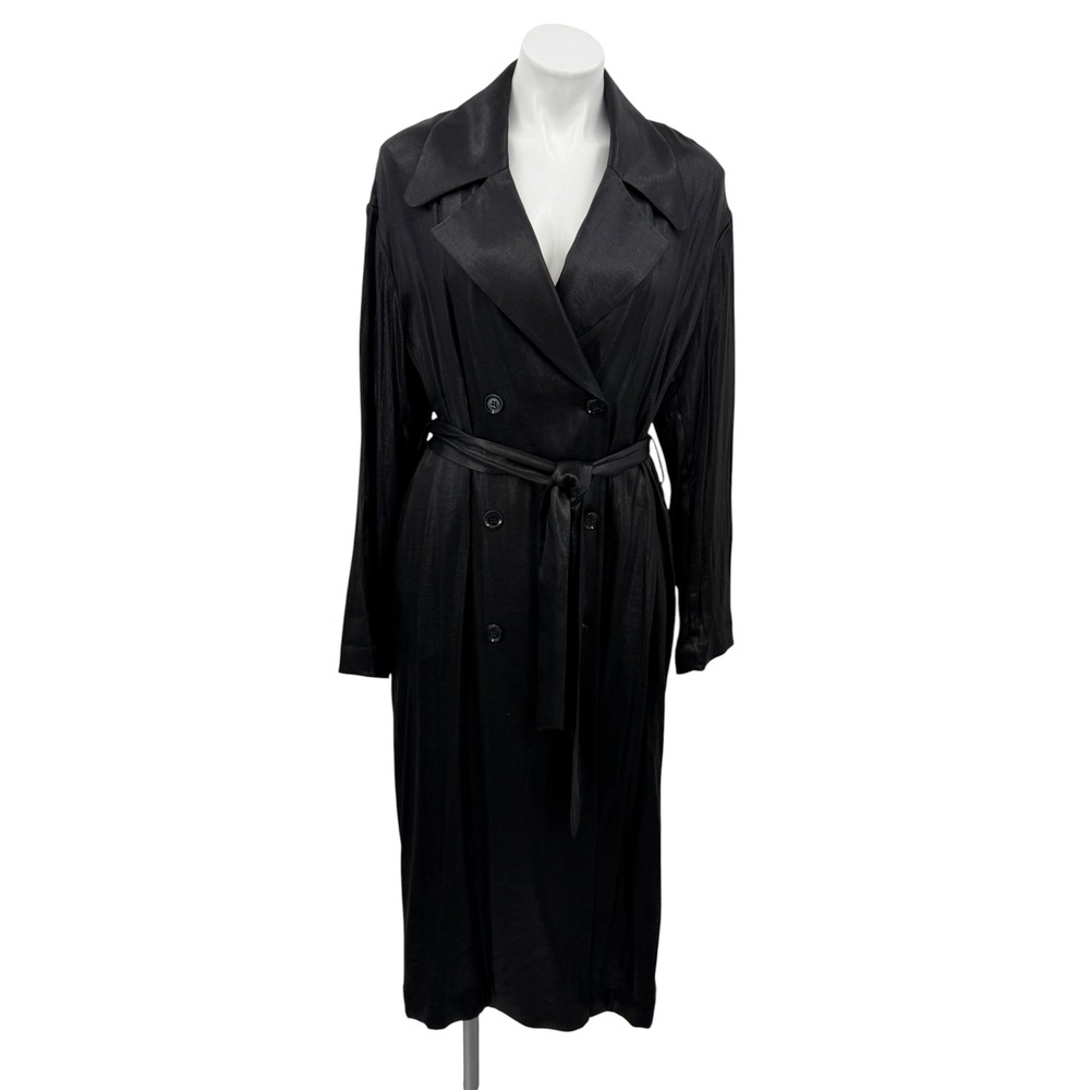& Other Stories Long Trench Coat Women SZ 12 Black Belted Shiny Double Breasted
